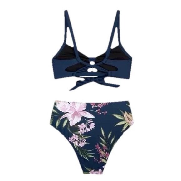 Cupshe Women’s Bikini Set Medium Blue Floral High Waist Two Piece Swimsuit Suit - Picture 8 of 8